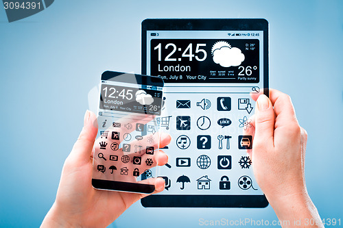 Image of Smartphone and tablet with transparent screen in human hands.