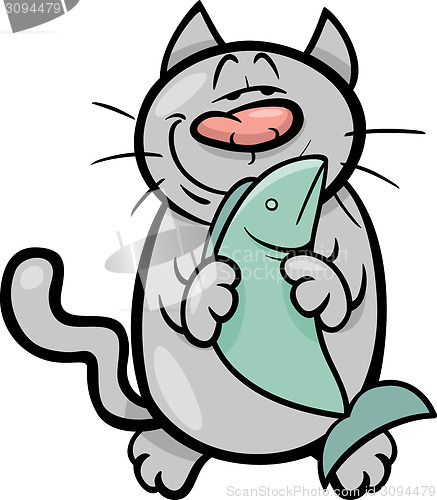 Image of happy cat with fish cartoon