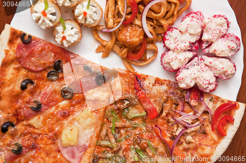 Image of pizza and sushi f