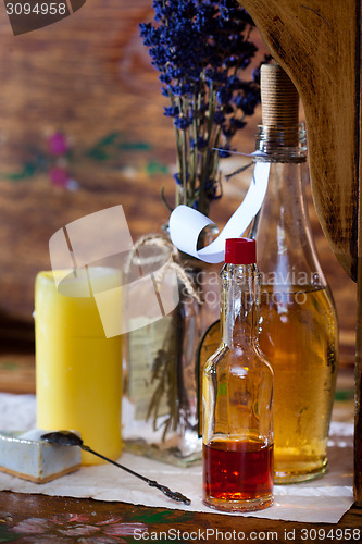 Image of Vintage still life with pharmacy vials