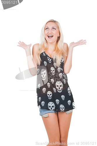 Image of Suprised Woman in skull t-shirt