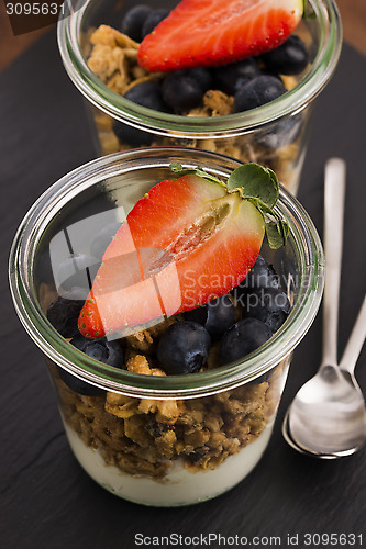 Image of muesli and yogurt with fresh berries 