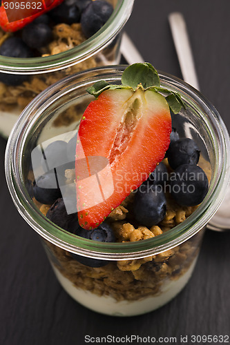 Image of muesli and yogurt with fresh berries 