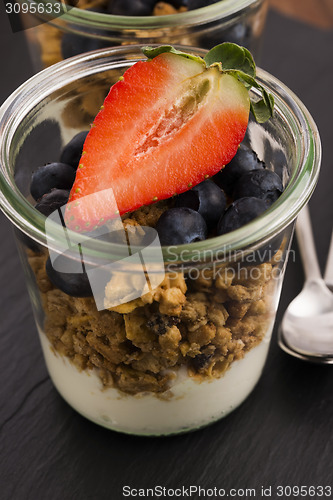 Image of muesli and yogurt with fresh berries 