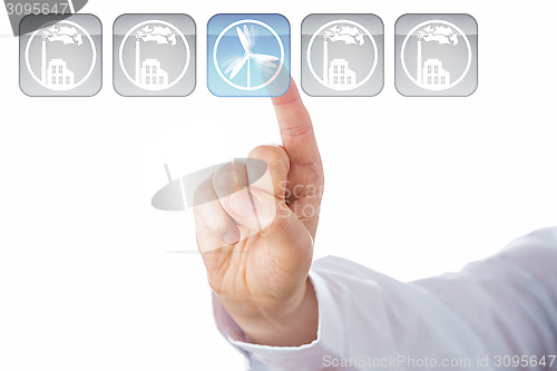 Image of Index Finger Selecting Blue Wind Energy Icon