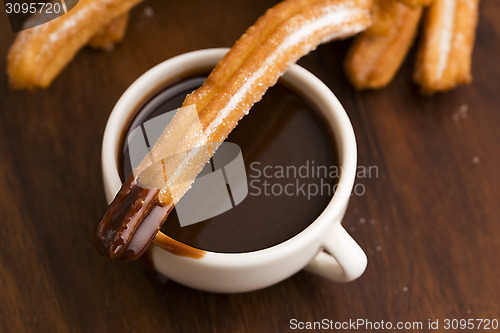 Image of deliciuos spanish Churros with hot chocolate