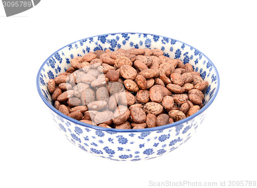 Image of Pinto beans in a blue and white china bowl