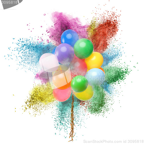 Image of Color balloons and powder explosion isolated on white