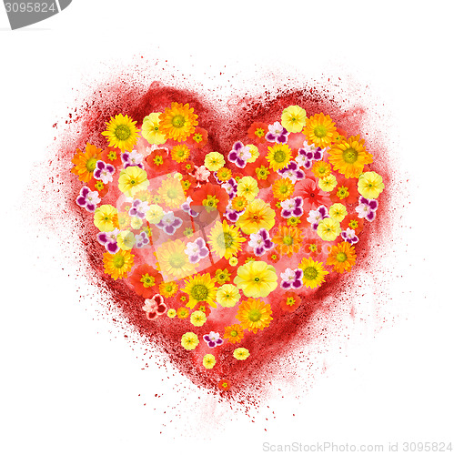 Image of red heart made of powder explosion with flowers isolated on whit