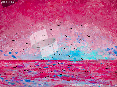 Image of Sunset at the sea, birds in the sky