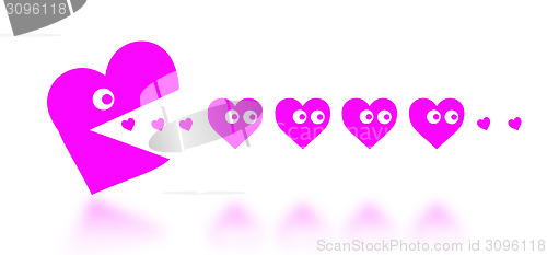 Image of Concept of dating - big Pacman heart hunting small hearts