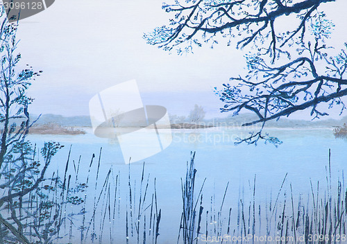 Image of Original oil painting showing beautiful lake