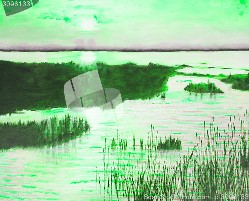 Image of Original oil painting showing beautiful lake