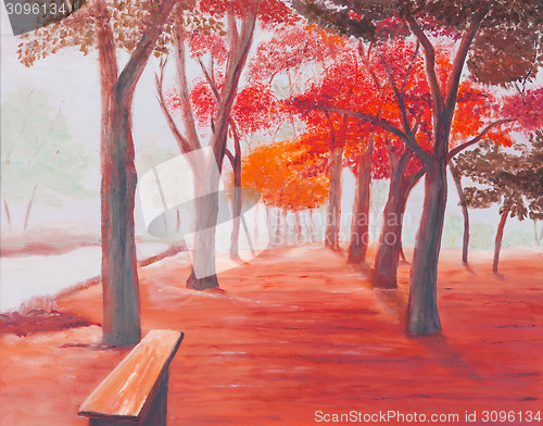 Image of Painting showing beautiful sunny autumn day in a park