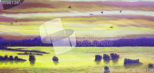 Image of Sunset at the lake, birds in the sky