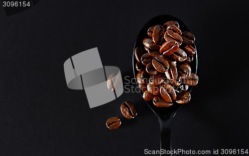 Image of Roasted coffee beans on black spoon