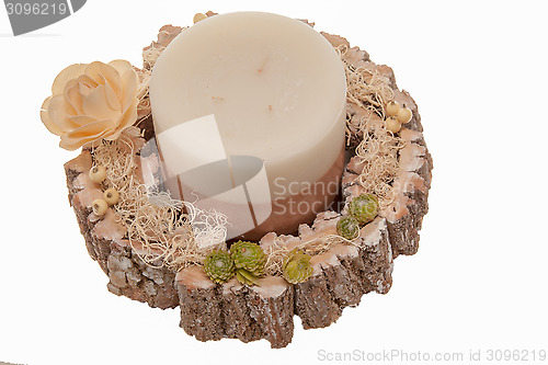 Image of Decoration with a candle, tree bark and Houseleek Carved Rose Wood