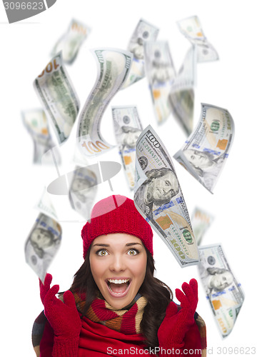 Image of Young Excited Woman with $100 Bills Falling Around Her