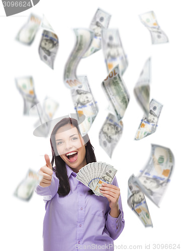 Image of Happy Woman Holding the $100 Bills with Many Falling Around