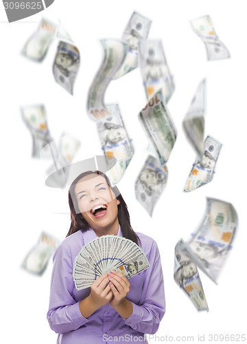 Image of Happy Woman Holding the $100 Bills with Many Falling Around