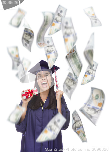 Image of Female Graduate Holding $100 Bills with Many Falling Around Her