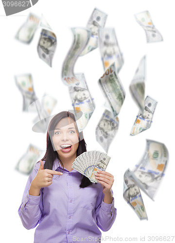 Image of Happy Woman Holding the $100 Bills with Many Falling Around