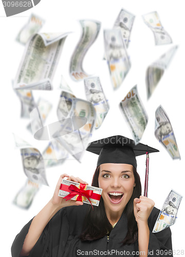 Image of Female Graduate Holding $100 Bills with Many Falling Around Her