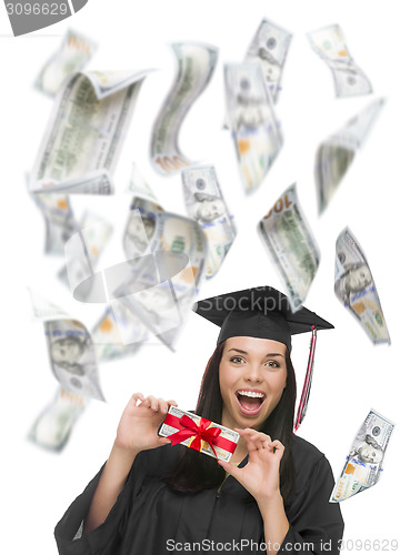 Image of Female Graduate Holding $100 Bills with Many Falling Around Her