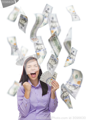 Image of Happy Woman Holding the $100 Bills with Many Falling Around