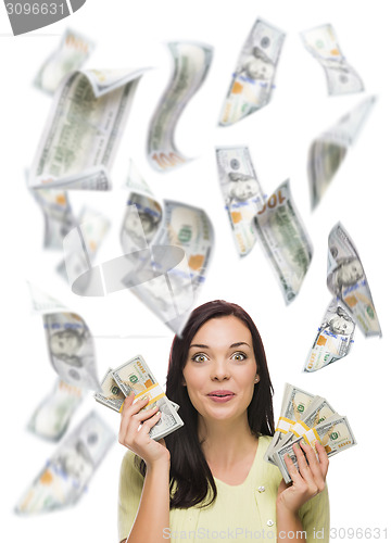Image of Happy Woman Holding the $100 Bills with Many Falling Around