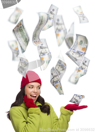 Image of Young Excited Woman with $100 Bills Falling Around Her