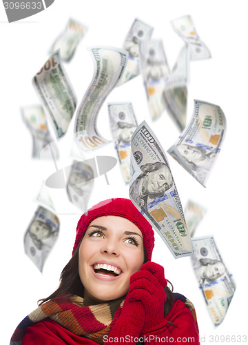 Image of Young Excited Woman with $100 Bills Falling Around Her