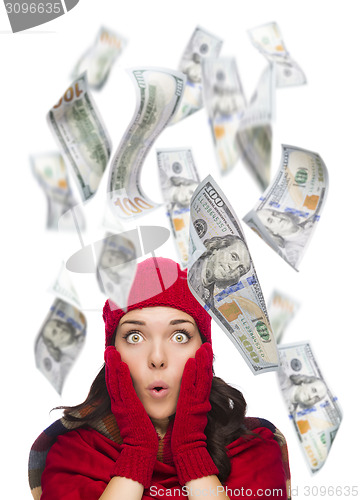 Image of Young Excited Woman with $100 Bills Falling Around Her