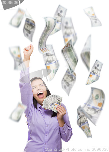 Image of Happy Woman Holding the $100 Bills with Many Falling Around