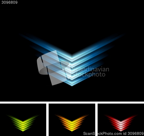 Image of Bright glowing arrows on black background