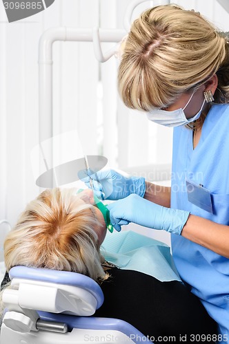 Image of dentist with patient, cleaning and curing