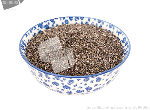 Image of Chia seeds in a blue and white china bowl