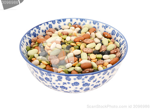 Image of Mixed dried beans in a blue and white china bowl