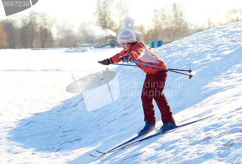 Image of Girl enjoying cross-country skiing down in sunny day