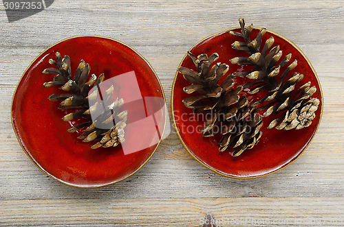 Image of three pine cones on a red ceramic bowl