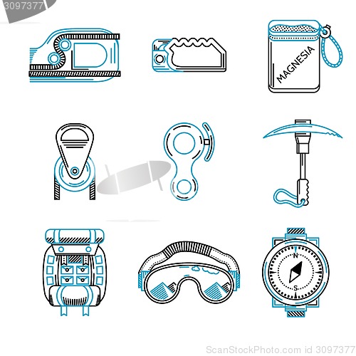 Image of Flat line vector icons for mountaineering equipment