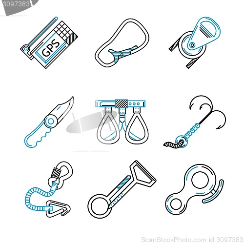 Image of Flat line vector icons for rock climbing equipment