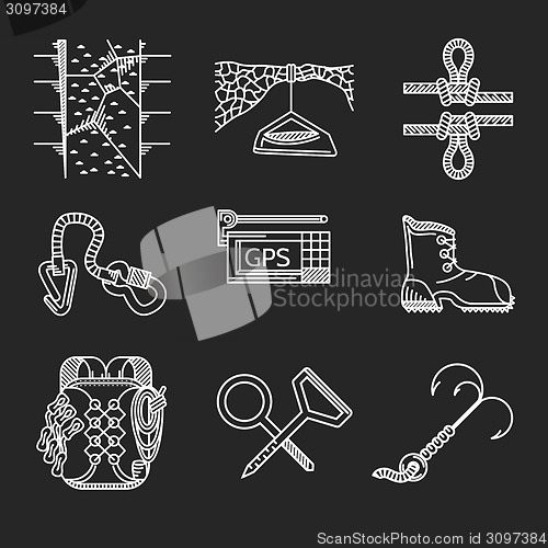 Image of White line vector icons for rock climbing outfit