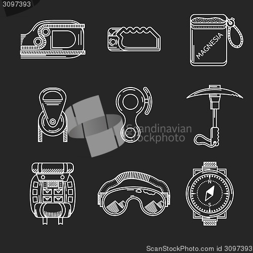 Image of White line vector icons for mountaineering outfit