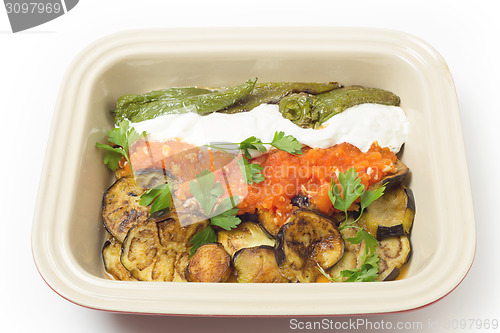 Image of Aubergine tomato and pepper meze