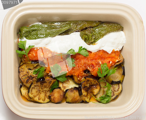 Image of Aubergine and pepper meze bowl from above