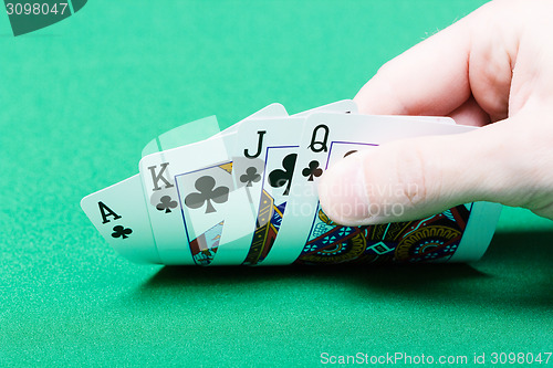 Image of card player. Male hand with cards