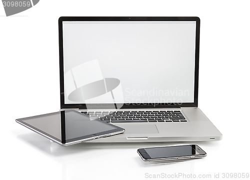 Image of Laptop, tablet and phone with copy space on screen
