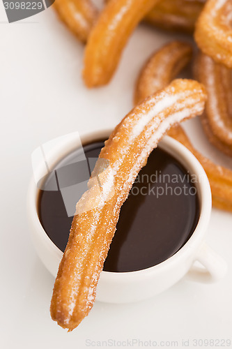 Image of deliciuos spanish Churros with hot chocolate