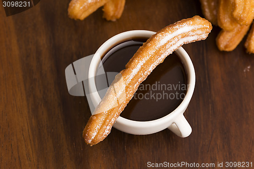 Image of deliciuos spanish Churros with hot chocolate